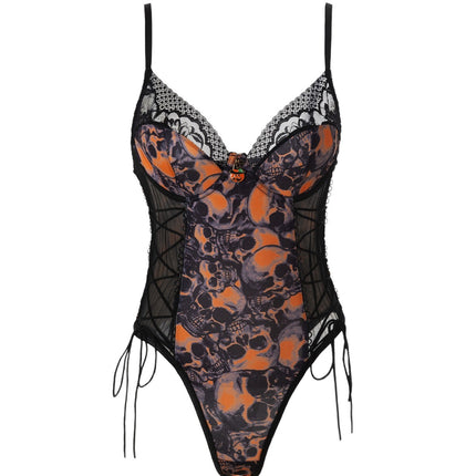 Cross-Border In-Stock Fast Delivery Halloween Milk Silk Skull Print Tie-Up Tight-Fitting Sexy Spaghetti Strap Bodysuit