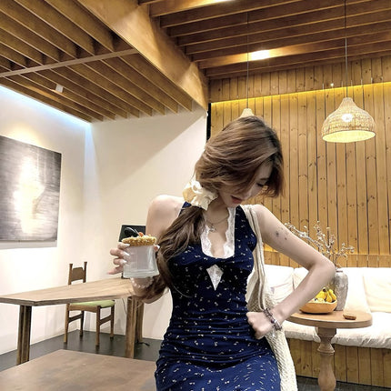 French Style Neck Waistline Floral Sling dress Women's Summer Niche Design Spice Girl Lace Stitching Tea Break Long Dress