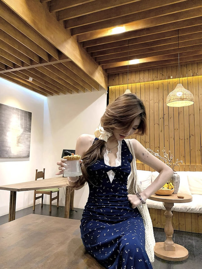 French Style Neck Waistline Floral Sling dress Women's Summer Niche Design Spice Girl Lace Stitching Tea Break Long Dress