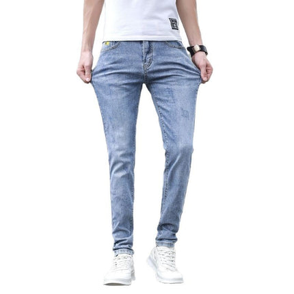 2025 Summer Light Blue Ripped Jeans Men's Slim Fit Korean Style Versatile Scratched Stretch Long Pants