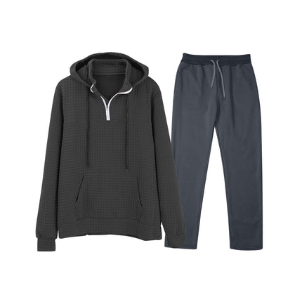 European and American Cross-Border Long-Sleeved Waffle Top Aliexpress Solid Color Drawstring Pocket Hoodie Sweatshirt and Sweatpants Set