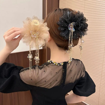 Spring and Summer New Style Versatile Hair Clip with Tassels, Flower Bow, and Mesh Flower Decoration