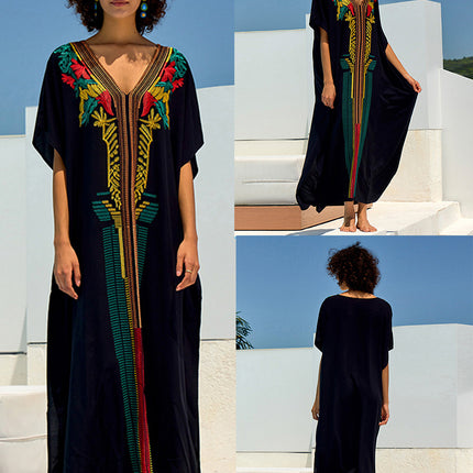 New Cross-Border European and American Style Loose Embroidered Long Dress for Women, Embroidered Beach Cover-Up, Long Robe, Bikini Cover-Up