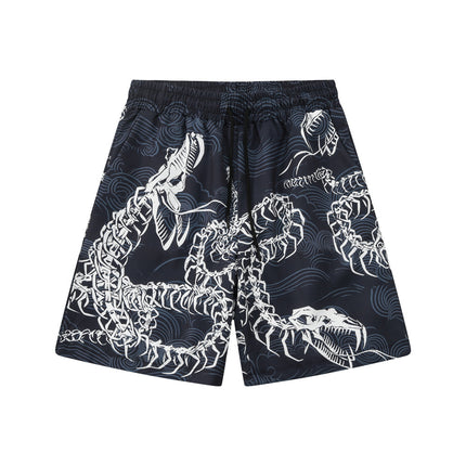 Cross-border Trade Trendy Brand Retro Xiangyun Loose Beach Shorts Printed Snake Bone Couple High Street Casual Pants Two-piece Set