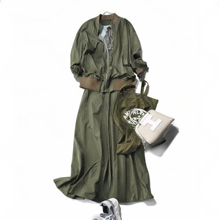 In-Stock Japanese Style 2026 Spring New Green Round-Neck Zipper Jacket + Skirt Two-Piece Set