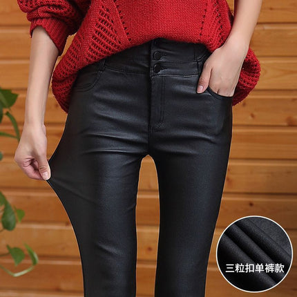Windproof Leather Pants for Women 2025 Autumn and Winter New Style Fleece-Lined Thickeneded High-Waist Coated Leggings for Women to Wear Slimming Look Pants