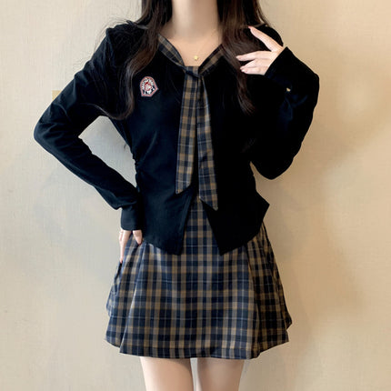 2025 New plus size Irregular V-neck Long Sleeve Top Women's Retro Plaid A- Line Skirt Academy Style suit