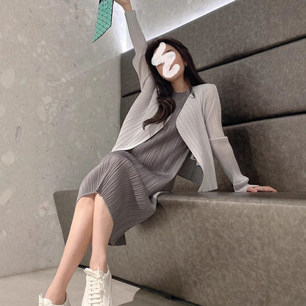 Miyake Women's Pleated dress Summer Long High-end Slimming Straight Sleeveless Vest Long Dress Slim-fit One-step Dress