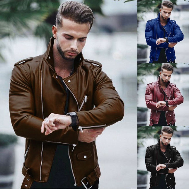 New Autumn and Winter European and American Men's Leather Jacket, Large Size, Fashionable Slim-Fit Leather Coat for Export on Wish and Aliexpress