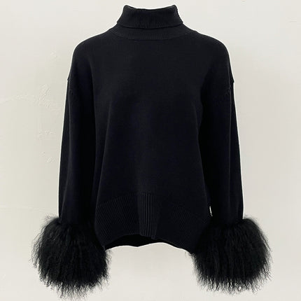 Women's Sweater Amazon Aliexpress Hot-Selling Autumn and Winter New Style Real Fox Fur Cuffs Loose High-Neck Knit Sweater for Women