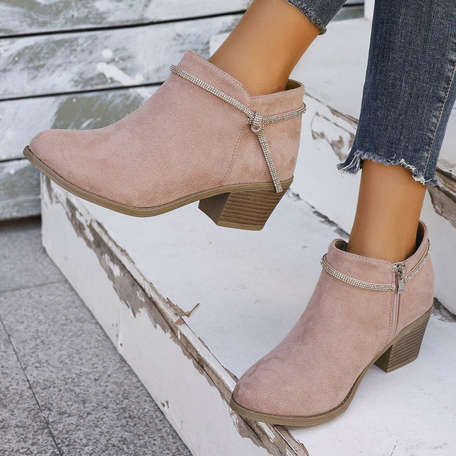 Rhinestone Strap Short Boots Autumn and Winter Fashion Casual Women's Ankle Boots Side Zipper Solid Color Round Toe Chunky Heel Women's Boots