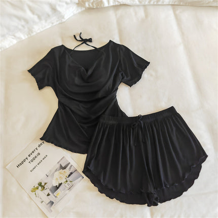 Girls' Pajamas Modal Cotton Short-Sleeved Shorts Summer Lace Women's Three-Piece Casual Home Wear Set with Breast Pads