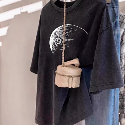 Pure Cotton Washed Distressed Short-Sleeved T-Shirt for Women Summer Large Size Loose European and Korean Couple Design Half-Sleeved Top Trendy Ins