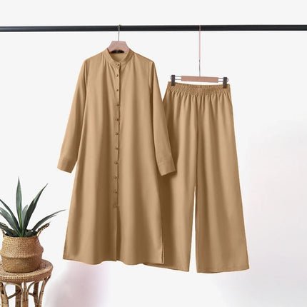 In Stock 2024 Southeast Asia Two-Piece Set for Women, Solid Color Spring and Autumn Long-Sleeve Cardigan Shirt and Long Pants Set