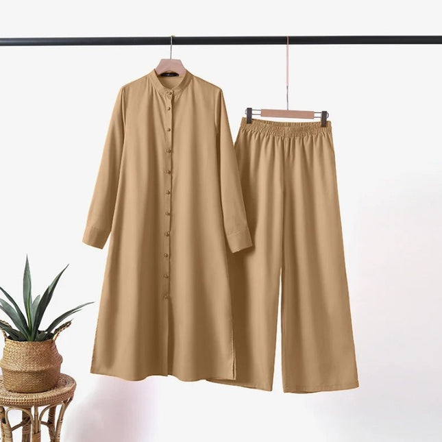 In Stock 2024 Southeast Asia Two-Piece Set for Women, Solid Color Spring and Autumn Long-Sleeve Cardigan Shirt and Long Pants Set