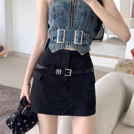 European and American Spice Girl High Waist Short Skirt Hip Skirt Belt Decorative Pocket Workwear Anti-Drain Safety Pants Small Skirt
