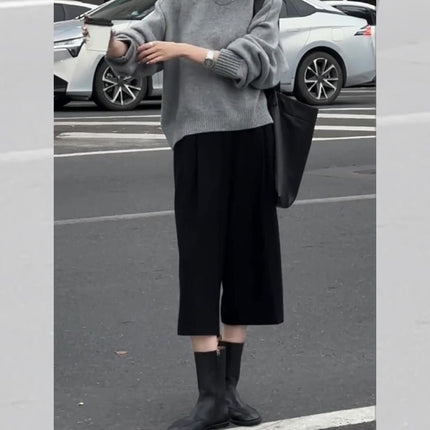 Black Three-Quarter Woolen Pants for Women, Loose Wiring, 2025 Autumn and Winter New Style, Relaxed Tone, Thickeneded Casual Wide-Leg Pants