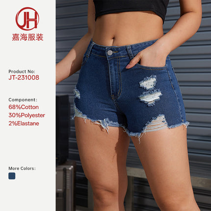 Cross-border AliExpress Hot Sale American Style Denim Shorts Women All-match Blue Ripped Shorts Hem Grinding Jeans