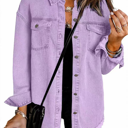 Cross-border New Washed Denim Shirt Jacket 2024 European and American Women's Autumn and Winter Distinctive Street Style Edge Hem Jacket