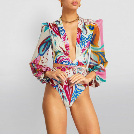 2024 European and American Swimwear New V-neck Long Sleeve Hollow Printed Swimsuit Women's Cross-border Hot 2375
