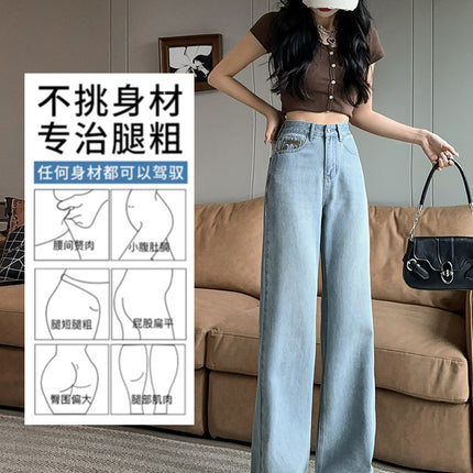 Light Blue Wide-Leg Jeans for Women Summer Thin 2025 New Embroidered High-Waisted Small Narrow Straight Pants