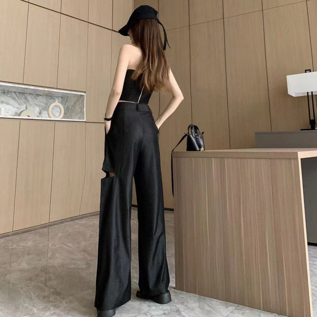 Hong Kong style thin Denim suit women's summer new fashion tube top + high waist wide leg ripped mop pants