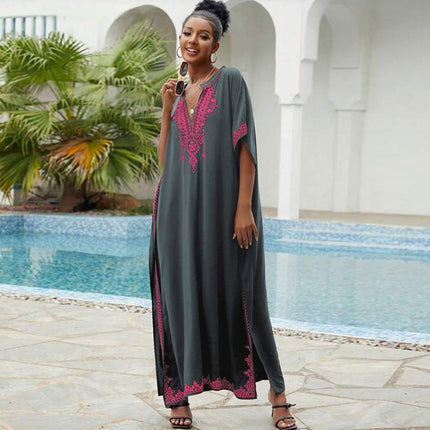New Style Rayon Loose-Fitting Plus-Size Vacation Beach Cover-Up with Stand Collar, Long Dress for Women, Bikini Cover-Up, Swimsuit Outerwear