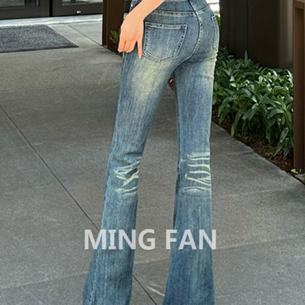 Vintage Gradient Flared Jeans for Women, Autumn Design, American Style, High-Waisted, Stretchy, Slim-Fit, Floor-Length Pants