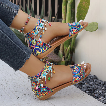 Roman Women's Sandals New Beaded Back Zipper Bohemian Flat Sandals