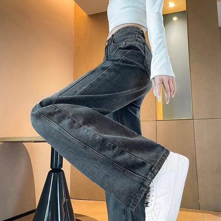 Black Grey Wide Leg Jeans Women's Trendy All-match New High Waist Slimming Loose plus size Retro Narrow Straight Leg Pants