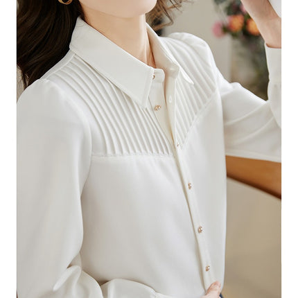 French Style Organ Pleated White Shirt Women's 2025 Spring Long Sleeve Design Sense Niche Chic Top Elegant Shirt