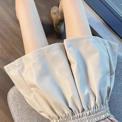 pu leather shorts women's 2023 autumn and winter new high waist a figure slim wide leg pants small casual outer boot pants