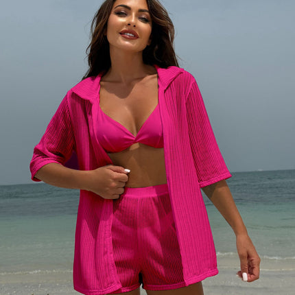 2025 European and American Pure Color New Beach Sun Protection Mesh Shirt Shorts Four-Piece Swimsuit Swimsuit Cross-Border Export