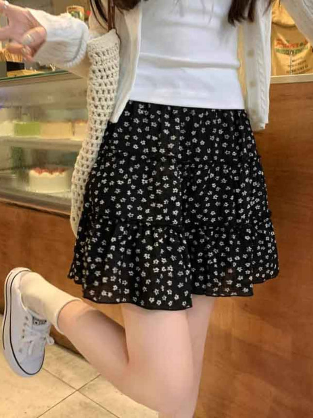 Floral Polka-dot A- line Short Cake Skirt Women's 2025 Summer New Arrival Short Skirt with Staggered Waist for Small Half-length Skirt