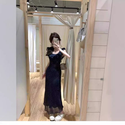 French High-end Ruffled Short-sleeved Dress Women's Tight Waist Elegant Sexy Backless Wave Dot Mid-length Dress for Summer