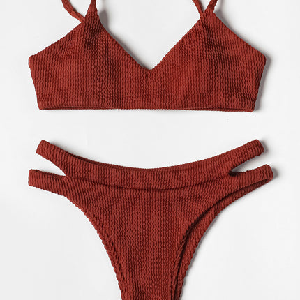 Billion Swimming 2024 New Solid Color Wave Rib Hollow Sexy Bikini Split Women's Cross-border Swimsuit