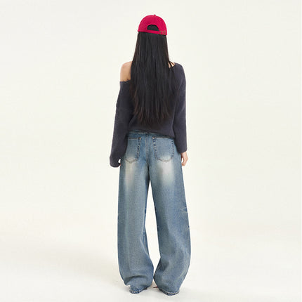 Vintage Washed Crease Wide Leg Jeans Women's Autumn and Winter 2024 New Straight Loose High Waist Slimming Mop Pants
