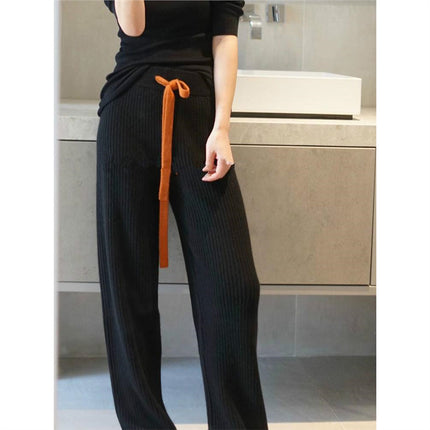 Knitted Wide-Leg Pants for Women, High-Waisted Straight Casual Pants, Loose Thickened Floor-Length Knitted Pants for Outerwear