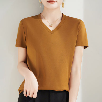 100 mercerized cotton short-sleeved T-shirt women's 2025 summer new V-neck cotton pullover vest cool feeling ice silk base