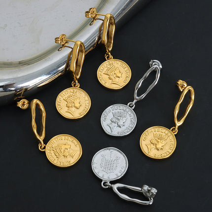 Cross-border European and American Fashion Figure Coin Roman Earrings Court Retro Personality Round Brand Stainless Steel Earrings Jewelry Women