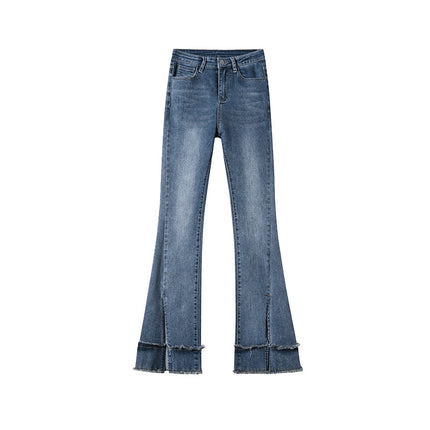 Rough Slit Micro-flared Jeans Women's Early Spring 2023 New High Waist Slim-fit Horseshoe Mop Pants for Women
