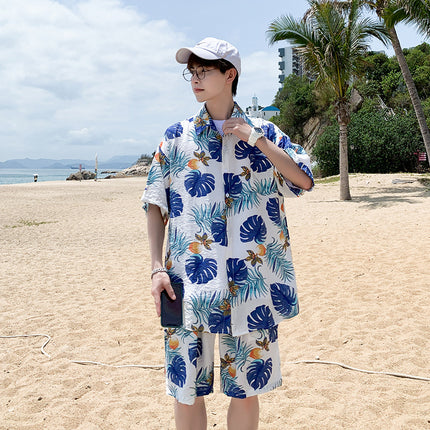 Cross-border 2023 Summer Beach Youth Color Printed Shirt Set Men's Multi-color Loose Shorts Shirt Set