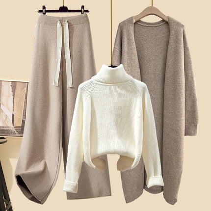 Autumn suit Women's 2024 New Korean Lazy Style Cardigan Jacket with Slim Sweater Wide Leg Pants Three-Piece Set