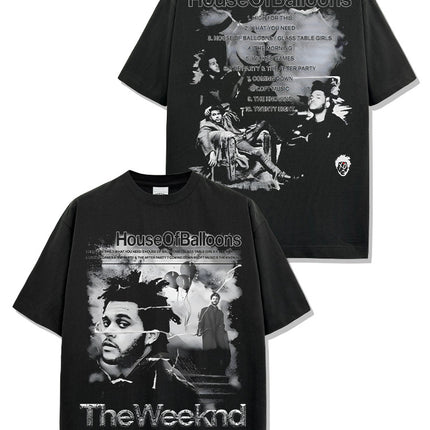 Cross-border American hip-hop potted brother The Weeknd printed short sleeve t-shirt loose crew neck hooded sweater wholesale