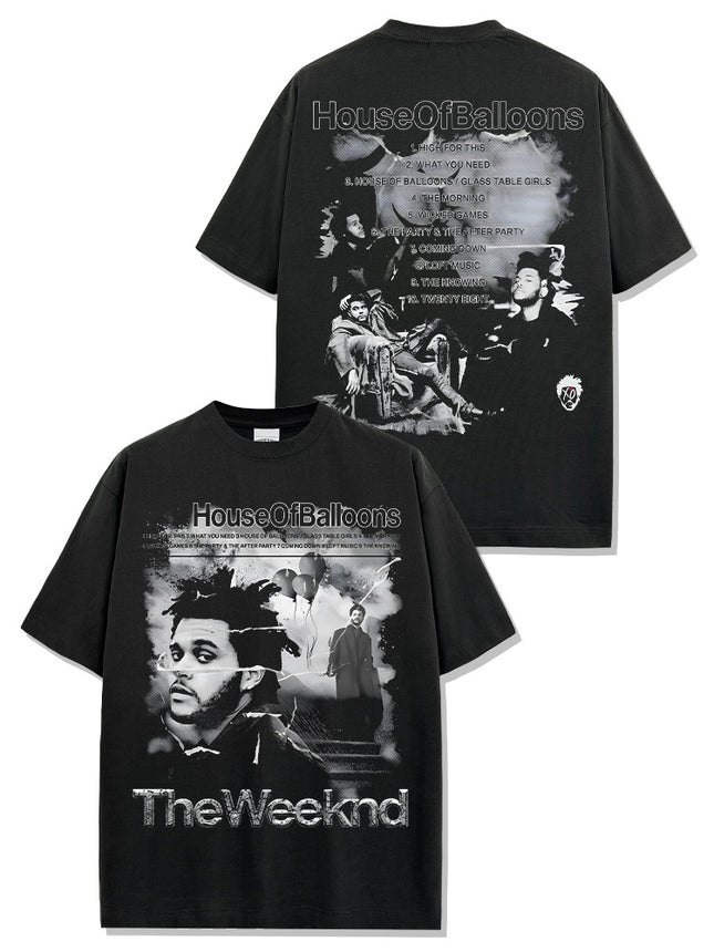 Cross-border American hip-hop potted brother The Weeknd printed short sleeve t-shirt loose crew neck hooded sweater wholesale