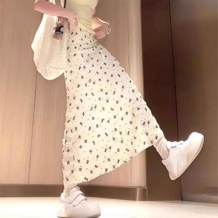 White Bow Floral Skirt for Women 2025 New Early Summer Thin High-Waist Slimming Look Hip-Hugging Fishtail Skirt Long Skirt