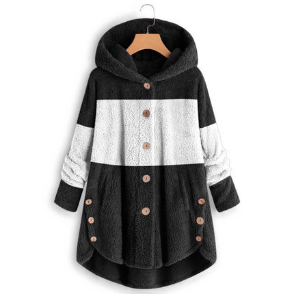 Amazon 2025 Autumn/Winter European and American Style Button-Up Hooded Cat Ear Plush Top Irregular Trendy Patchwork Jacket for Women
