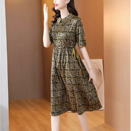Retro Printed Imitation Mulberry Silk Dress for Women 2024 Summer New Fashion Elegant Waist Slimming Look Mid-Length Skirt