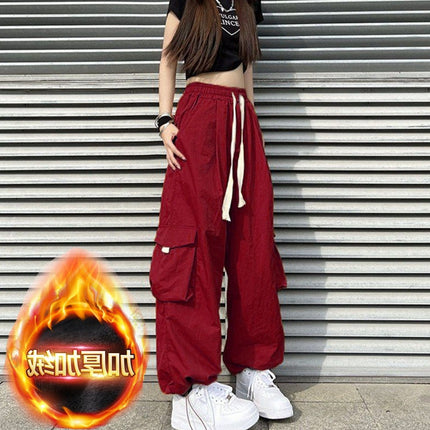 American-Style Ins Fleece-Lined Wide-Leg Retro Cargo Pants Loose Unisex Pocket Casual Street Dance Floor-Length Trousers Trendy