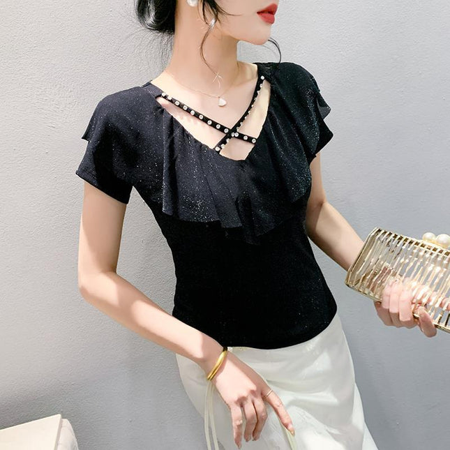 Real Shot Summer New Style Mesh Short Sleeve Chic V-Neck Cross Hollow Nail Drill plus size Women's Fashion Western Style Top T